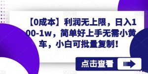 【0成本】利润无上限，日入100-1w，简单好上手无需小黄车，小白可批量复制！