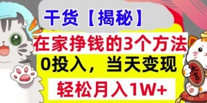 在家挣钱的3个方法，0投入，当天变现，轻松月入过W