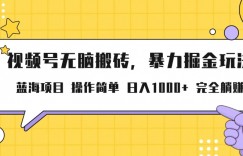 视频号无脑搬砖项目，暴力掘金玩法，小白轻松上手，一天30分钟日入1000+，堪比捡钱