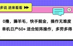 0撸，薅羊毛，快手掘金，操作无难度 单机日产30+ 适合矩阵操作，多劳多得