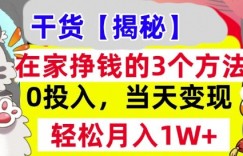 在家挣钱的3个方法，0投入，当天变现，轻松月入过W